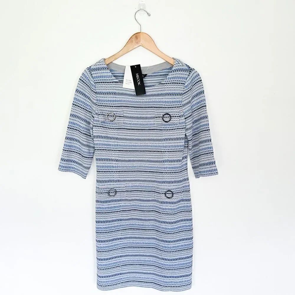 Misook Blue Multi Whipstitch Dress 3/4 Sleeves with Faux Pockets